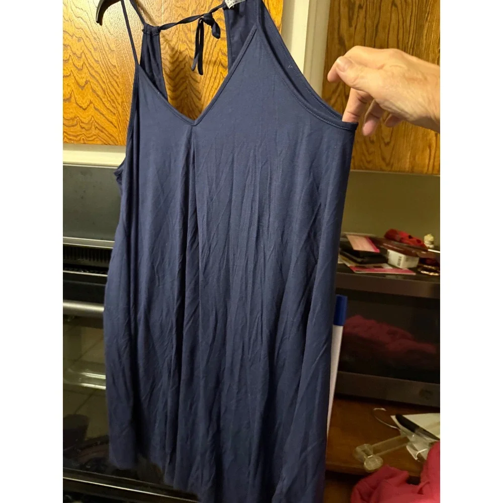 Ekouaer Womens Navy Blue V-Neck Sleeveless Nightgown Back Tie Lounge Dress Large
